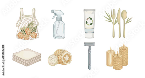 Eco-friendly products and accessories for sustainable living in watercolor style