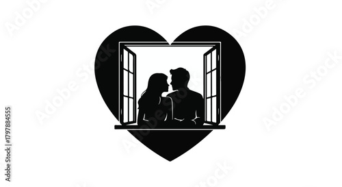 Silhouettes of a couple embracing in a heart-shaped window, symbolizing love and connection.