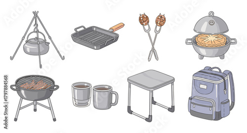 Camping equipment essentials: grill, backpack, kettle, and more in flat design
