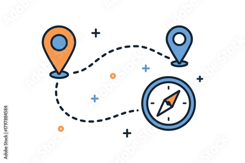 Travel planning with location pins and compass showing a route between two destinations