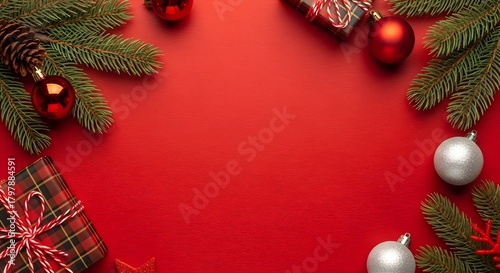 Festive christmas arrangement with gifts ornaments and pine branches on a red background view from above