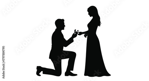 Man proposes to woman with engagement ring, silhouette against white background