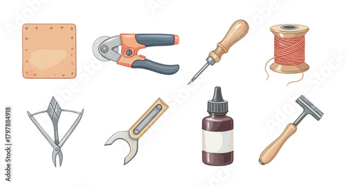 Watercolor sewing and leathercraft tools collection on white background