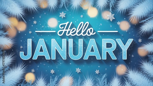 Hello january text with frosty border and bokeh lights