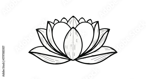Serene black and white illustration of a blooming lotus flower, symbolizing peace and purity.