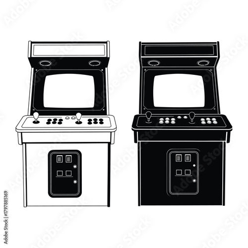 Two vintage arcade game machines in black and white offer classic gaming entertainment