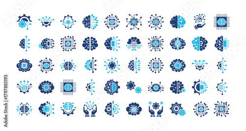 Artificial intelligence and technology management icon set collection. Containing mind, operation, think, networking, intelligence, touch, brain .Solid vector icons collection