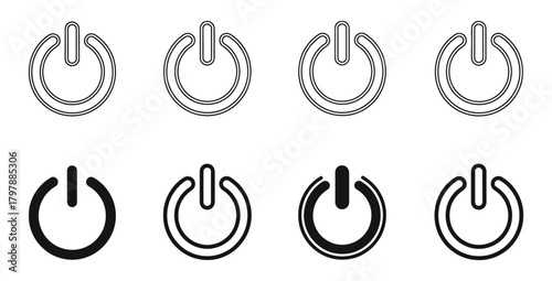 Power button icons in various styles representing on off switch and energy control system
