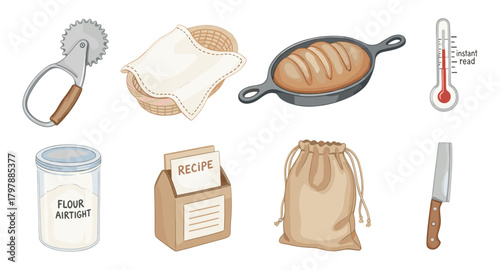 Baking essentials in watercolor: bread, ingredients, tools, and recipes for the perfect loaf