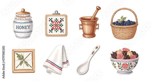 Vintage kitchen items with embroidery and fruit baskets in watercolor style