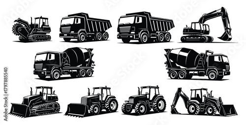Construction vehicles and heavy equipment in black and white vector illustration