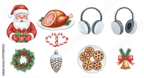 Festive holiday icons with santa, roast turkey, wreaths, and cookies in watercolor style
