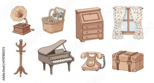 Vintage objects set with piano, gramophone, and retro decor elements