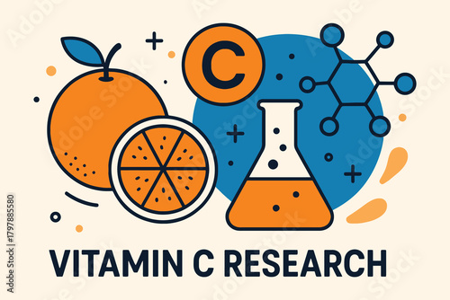 Vitamin c research illustration with orange fruit and laboratory flask