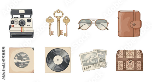 Retro icons collection: photography, travel, and music elements in vintage style