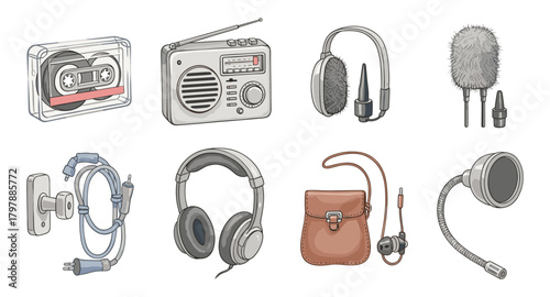 Vintage audio equipment and accessories collection in retro style
