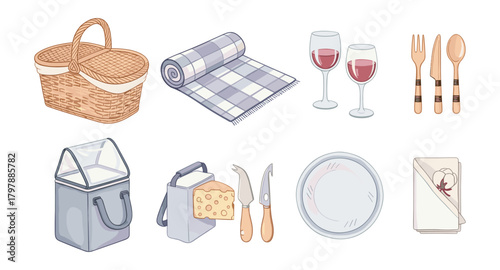 Charming picnic set with basket, blanket, and tableware
