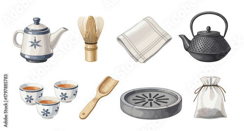 Traditional tea tools and accessories collection in watercolor style