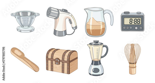 Hand drawn kitchen tools collection: blender, hair dryer, timer, and more