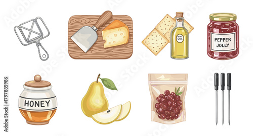 Kitchen essentials: cheese, honey, and more in realistic style