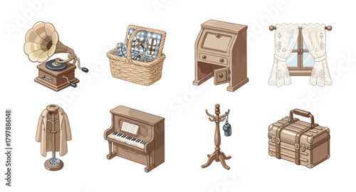 Vintage home decor icons: retro furniture and accessories set
