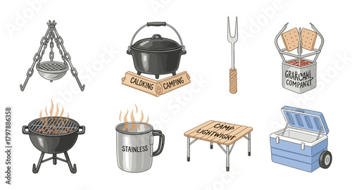 Camping essentials: grill, cooking pot, cutlery, cooler, and firewood for outdoor adventures