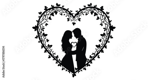 Silhouetted couple embracing within a decorative heart frame, symbolizing love and romance.