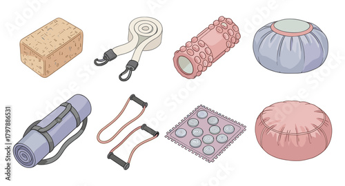 Yoga equipment collection featuring mats, blocks, straps, rollers, and cushions in soft pastel tones