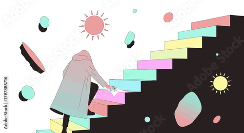 Aesthetic illustration of a hooded figure climbing colorful steps towards success