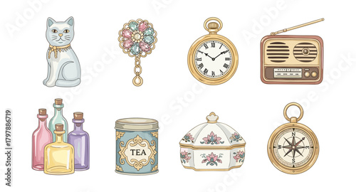 Vintage objects set with antique clock, tea tin, and retro compass in watercolor style
