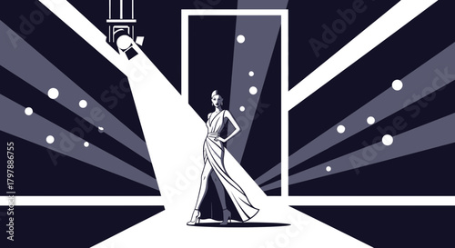 Elegant fashion show illustration featuring a model under the spotlight on a stage