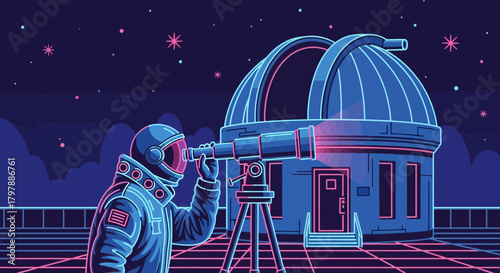 Astronaut explores universe from observatory using a telescope amid starry skies