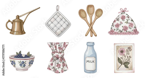 Charming kitchenware collection with floral accents and vintage flair