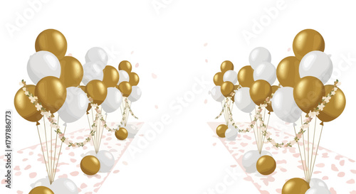 Elegant Wedding Aisle Decoration with Gold and White Balloons and Floral Garlands Celebration