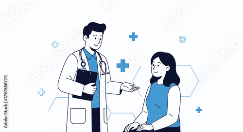 Doctor and patient consultation health care illustration in flat design for medical concept and