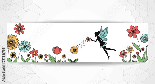 Enchanting Floral Fairy Silhouette Against a Colorful Blooming Meadow Illustration