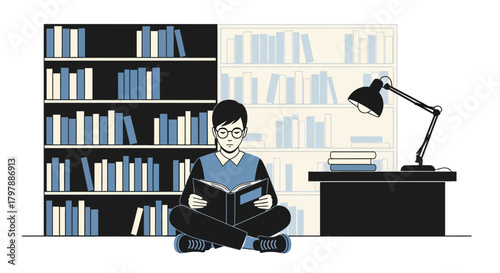 Illustration of a person reading a book in front of a bookshelf and desk lamp study scene