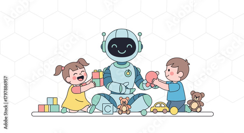 Illustration of children playing with a friendly robot sharing toys and learning together