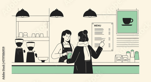Illustration showcasing a customer ordering coffee at a coffee shop with barista interaction and