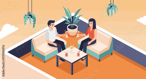 Isometric illustration of a couple enjoying cocktails on a rooftop terrace with plants and a calm