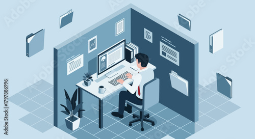 Isometric illustration showcasing a worker at his desk in an office cubicle setting