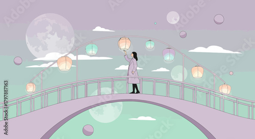 Woman on a bridge with lanterns in a dreamlike landscape under a large moon
