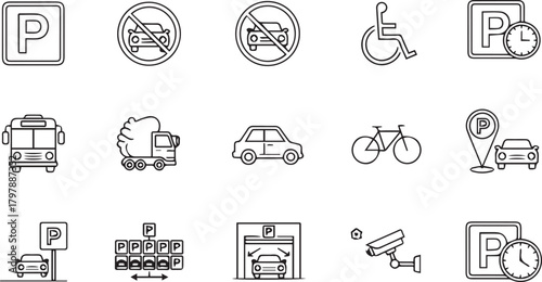 Parking and transportation icons, including signs, vehicles, and facilities