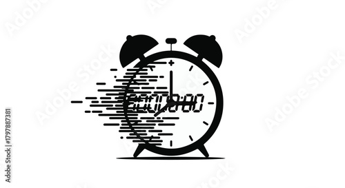 Alarm clock dissolving into abstract digital particles, representing time running out or data loss.
