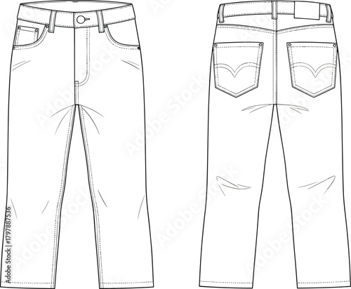 Jeans technical sketch, front and back views, belt loops, pockets, yoke and creases, fashion garment design, flat vector illustration