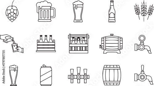 Outline icons of beerrelated items, including hops, wheat, glasses, bottles, cans, barrels, and taps