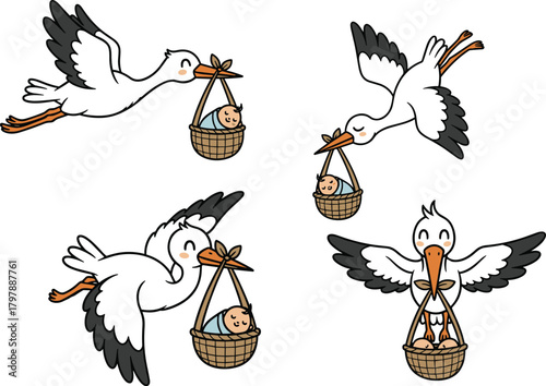 Stork delivering baby illustration, cartoon flying storks with baskets, cheerful birth symbol concept, folklore theme, flat vector artwork