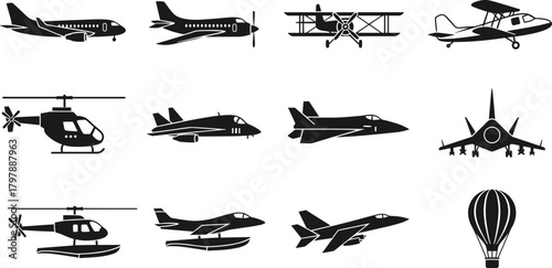 Aircraft silhouette icon set, commercial, military, recreational, and vintage planes, helicopters and balloon, aviation concept, vector illustration