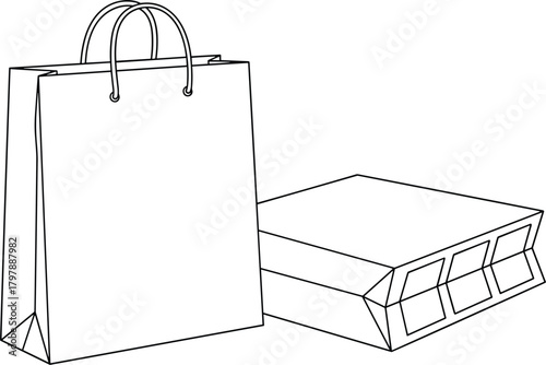 Shopping bag and box line drawing, minimal retail packaging concept, clean outline style for branding, product display, vector illustration