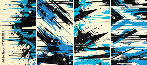 Set of abstract geometric grunge background in electric blue, black, and cream, featuring dynamic brushstrokes, ink splatters, and glitch-style distortion — vector panel collection